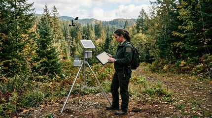 Naklejka premium Researcher examines data near weather station in forest.