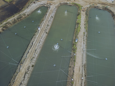 Aerial view of aquaculture ponds shimmer under the sun, their surfaces disturbed by aerators, creating a mesmerizing pattern of light and shadow, Moncarapacho, Faro, Portugal.
