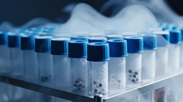 Laboratory test tubes emit cold smoke. Clear vials contain tiny black samples on a metal rack. Cryogenic storage concept.