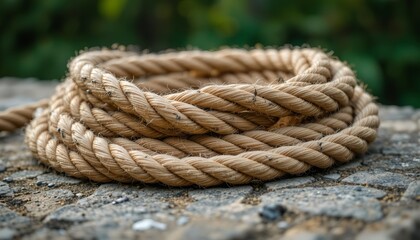 Fototapeta premium Close up of coiled natural fiber rope on rough ground, detailed braided texture, warm sunlight, shallow depth of field, green blurred background, realistic outdoor setting