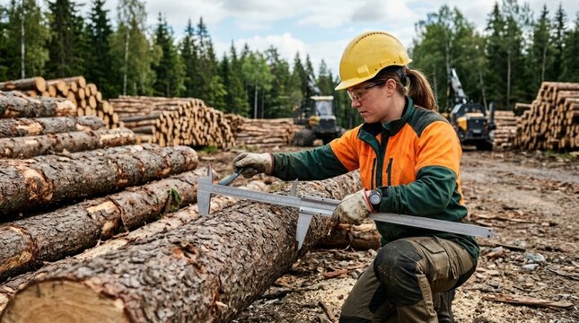 Forester measuring logs in a timber yard.