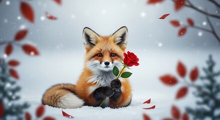 Obraz premium Red Fox with Rose in Snowy Landscape.