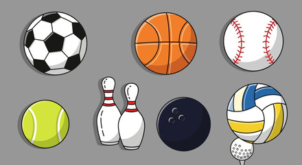 Fototapeta premium Collection of sports balls and equipment on a gray background, top view