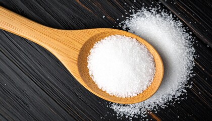 Pure White Salt Crystals on a Wooden Spoon Against a Dark Textured Wood Background