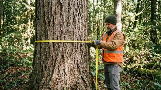 Forester measuring a tree in the forest.