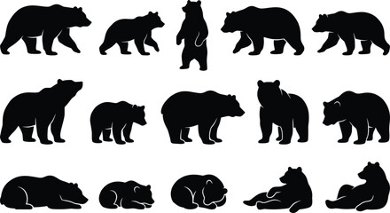 Fototapeta premium Collection of twelve beaver silhouette illustrations showing wildlife behavior such as gnawing, swimming, building, carrying logs, and resting for educational and environmental design use