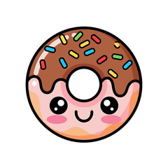Obraz premium Cute Kawaii Donut Character with Chocolate Frosting and Sprinkles, Vector Illustration