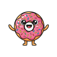 Cute cartoon donut character with pink frosting and colorful sprinkles, happy expression, waving arms