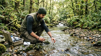 Researcher collecting water samples in a forest stream.
