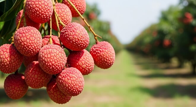 Fresh lychee fruits hanging from tree in orchard with green grass