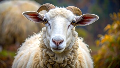 Obraz premium A close-up portrait of a sheep with curly white wool and distinctive curved horns, staring directly at the viewer. Another sheep is out of focus
