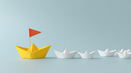 Leadership by Example: A dynamic composition featuring a paper boat leading a fleet of others, a symbolic portrayal of guidance, initiative, and direction amidst a tranquil, light-blue backdrop.