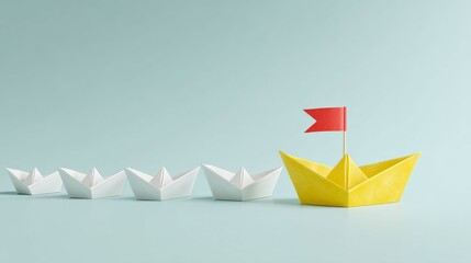 Leadership and Navigation: A single yellow paper boat, adorned with a red flag, leads a fleet of white paper boats, symbolizing guidance, direction, and the journey towards a common objective.
