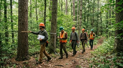 Naklejka premium Forestry team surveys a woodland trail.
