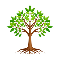 Fototapeta premium Illustrated tree showcasing a sturdy brown trunk, sprawling branches, vivid green leaves, and deep roots, viewed centrally against a clean white backdrop, highlighting natural calm