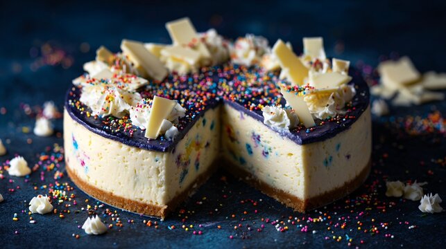 Funfetti cheesecake decorated with white chocolate shards and rainbow confetti sprinkles, deep navy background, dramatic spotlight
