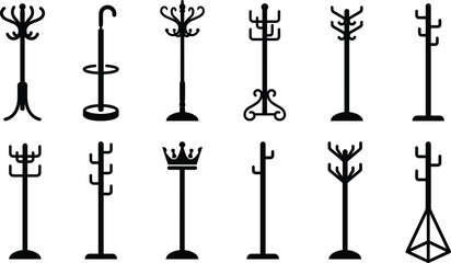 Collection of black silhouette icons vintage and modern freestanding coat racks hall trees umbrella stands with ornate hooks branches crown designs for entryway home decor vector set © MdMoksad