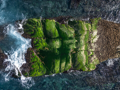 Aerial view of emerald green algae covering the rocky surface, contrasting against the deep blue sea, creating a mesmerizing display of nature's artistry, New Taipei City, Taiwan.