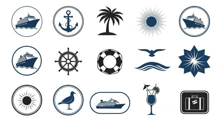 Collection of nautical and marine themed vintage stamps and icons for design. © Ulhamchan