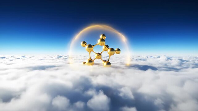 Molecular Ascension: A radiant, gold-colored molecular structure ascends gracefully above a sea of clouds against a backdrop of the vast, open sky, symbolizing progress and innovation.