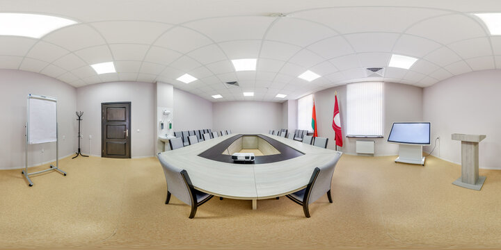 full spherical hdri seamless hdri 360 panorama in interior of empty conference hall for business meeting in equirectangular projection. AR VR content