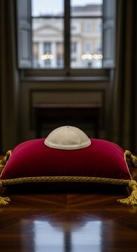Papal Zucchetto on Red Cushion with Building in Background.