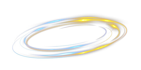 Fototapeta premium Blue and gold glowing light ring with dynamic neon trails, abstract luminous swirl isolated on black background. 