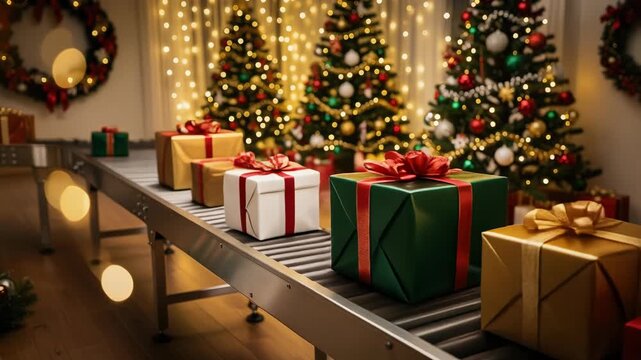 Christmas gift boxes on conveyor belt with decorated holiday trees and warm lights in background