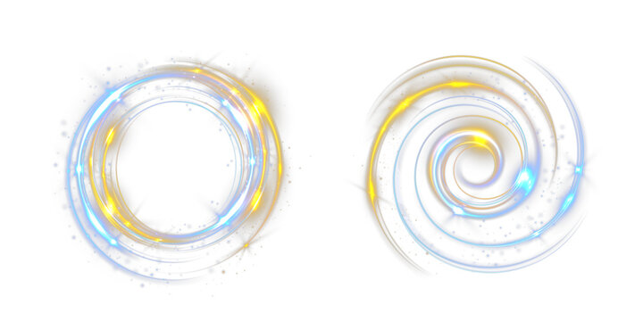 Blue and golden glowing circular light rings with spiral energy vortex and sparkling particles, abstract luminous motion effect isolated on black background.
