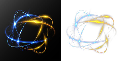 Fototapeta na wymiar Blue and golden glowing abstract atom shape with dynamic light trails and sparkling energy particles, luminous futuristic motion design isolated on black background. 