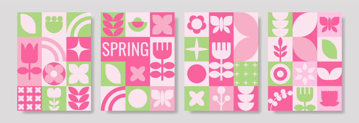 Obraz premium Spring poster set. Modern posters with geometric shapes, geometry graphics and abstract background vector set.