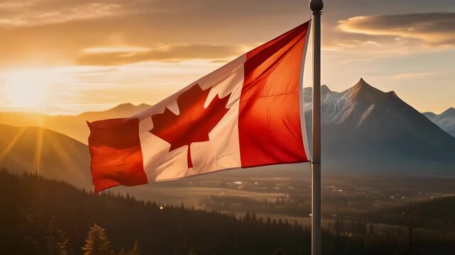 Canadian flag waving at sunset with mountain landscape and golden sky in background