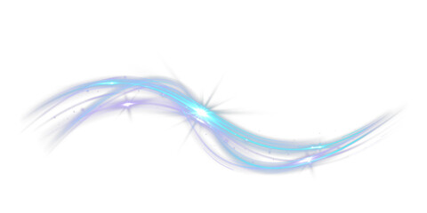 Blue glowing curved speed light trail with sparkling dynamic energy flow, abstract luminous motion streak isolated on black background.  © NAUM