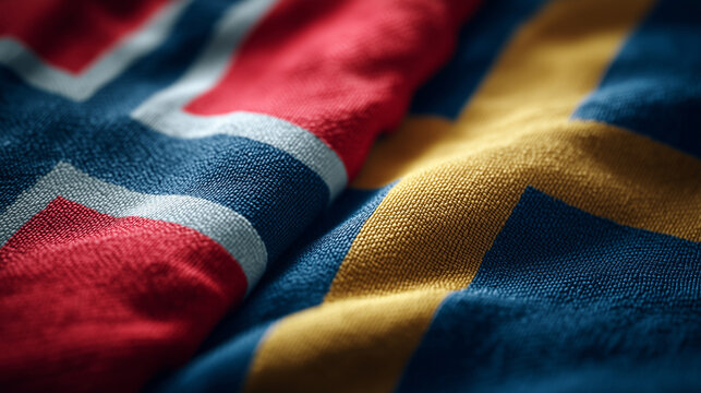 norwegian flag waving next to swedish flag. relations between norway and sweden