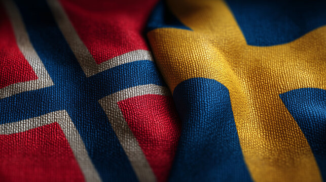 norwegian flag waving next to swedish flag. relations between norway and sweden