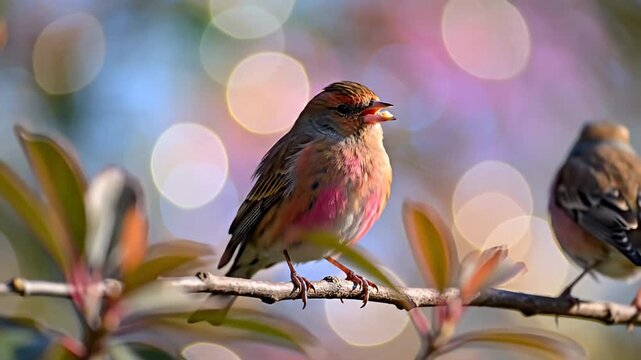 Two colorful birds perched on a branch with bright bokeh background