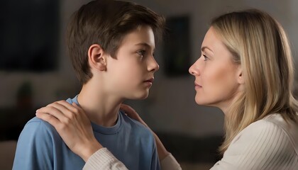 Naklejka premium A young mother puts her hand on her teenage son's shoulder while talking to him about his problems at home. Expressive emotions.