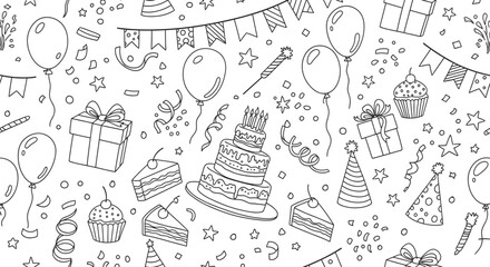 Outline Seamless Pattern of Birthday Elements with Cake Balloons and Gifts on Isolated White Background, Festive Party Theme © Sastro