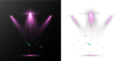 Obraz premium Pink glowing stage spotlights with falling confetti, festive party light beams isolated on black background. 