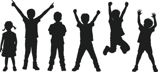 Obraz premium WebChildren silhouettes standing, jumping, raising arms, casual clothing, playful poses, joyful movement, unity, diversity, childhood expression, vector illustration, black silhouette, isolated