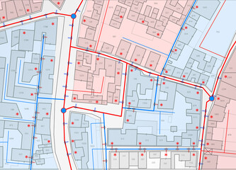 URBAN WATER SUPPLY NETWORK MAP AND CITY INFRASTRUCTURE PLAN - DETAILED CARTOGRAPHY BLUEPRINT SHOWING PIPELINE SYSTEM, STREETS, BUILDINGS AND MUNICIPAL ENGINEERING LAYOUT FOR URBAN PLANNING UTILITIES © Francesco Scatena