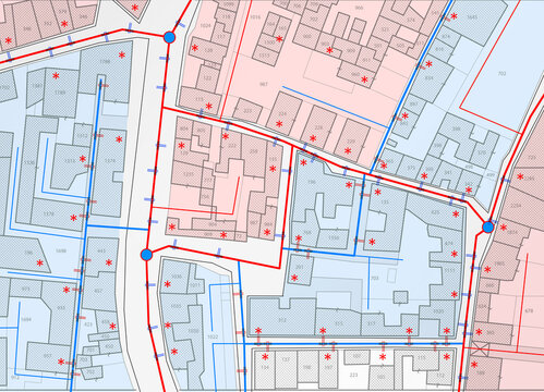 URBAN WATER SUPPLY NETWORK MAP AND CITY INFRASTRUCTURE PLAN - DETAILED CARTOGRAPHY BLUEPRINT SHOWING PIPELINE SYSTEM, STREETS, BUILDINGS AND MUNICIPAL ENGINEERING LAYOUT FOR URBAN PLANNING UTILITIES
