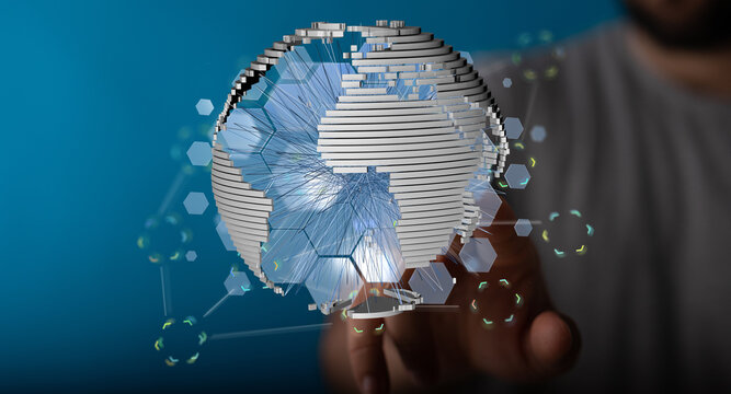 Abstract globe in the hand, global connection technology concept. Representing communication, networks, and global impac