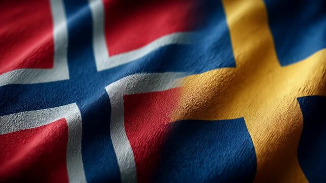 norwegian flag waving next to swedish flag. relations between norway and sweden