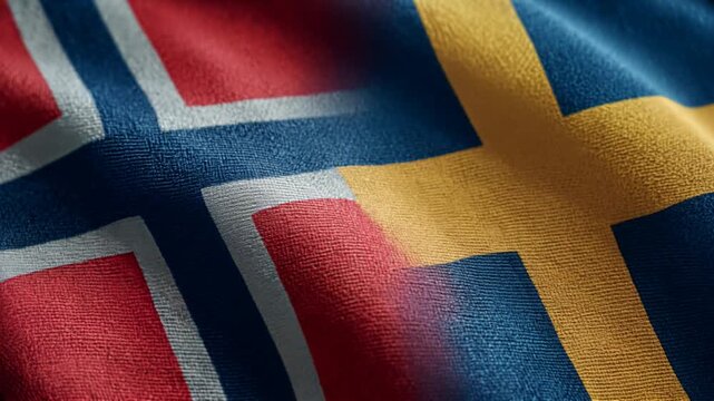 norwegian flag waving next to swedish flag. relations between norway and sweden