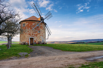 Fototapeta premium Traditional old windmill in Kunkovice village, South Moravia, Czech Republic.