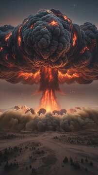 A large mushroom cloud forms in the sky above a barren landscape during sunset. Flames and smoke billow upward, casting an orange glow over the scenery.