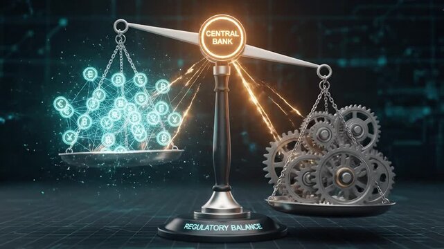 Balance Scale Weighing Cryptocurrency Against Industrial Gears Symbolizing Economic Balance.