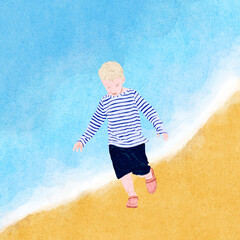 Ilustracja sylwetka małego chłopca biegnącego brzegiem morza. © Monika