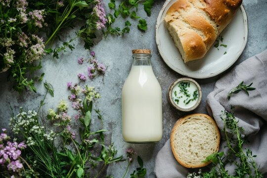 Fresh milk with bread and herbs on rustic table setting